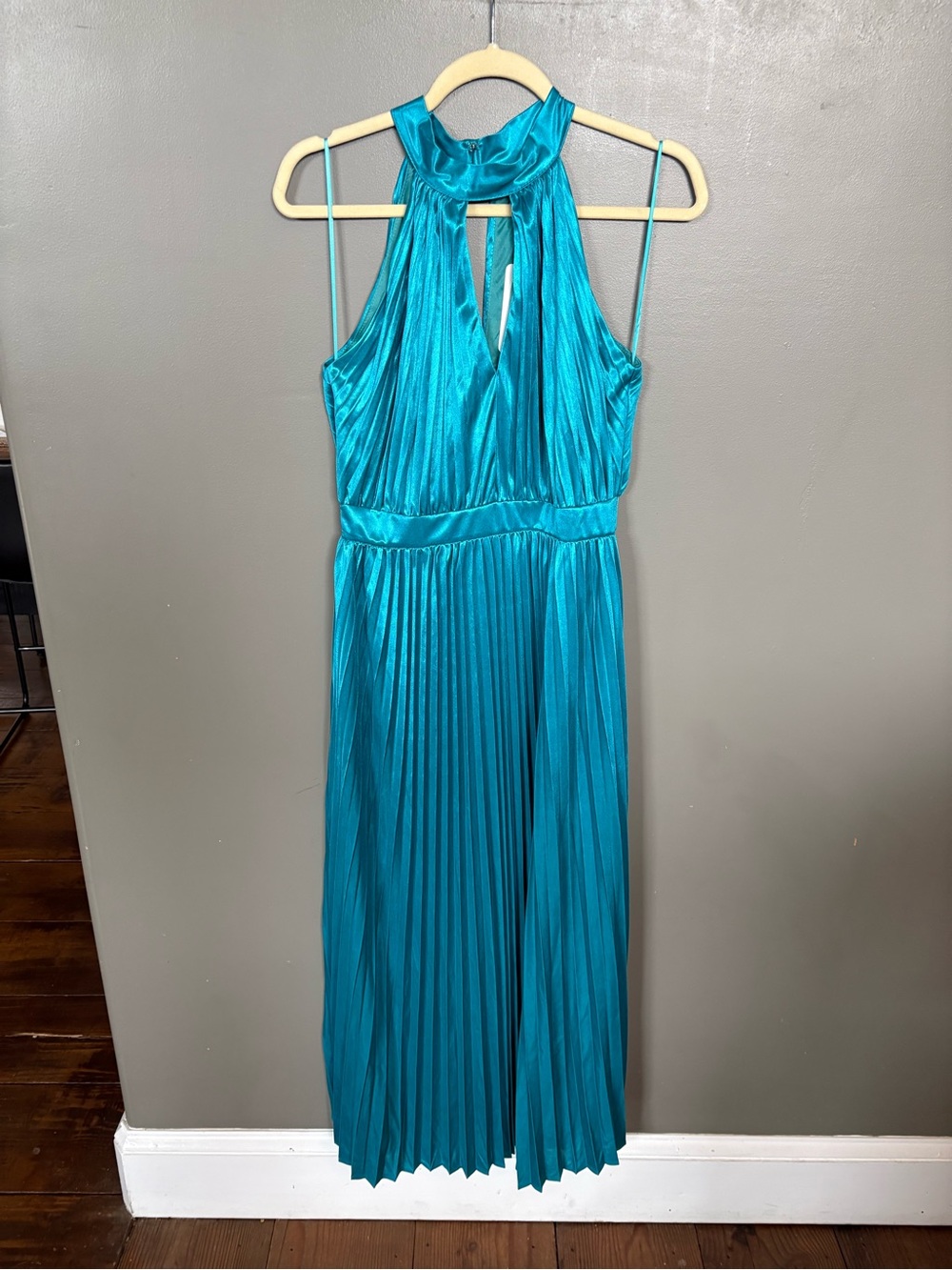 glam Teal Pleated Halter Evening Dress